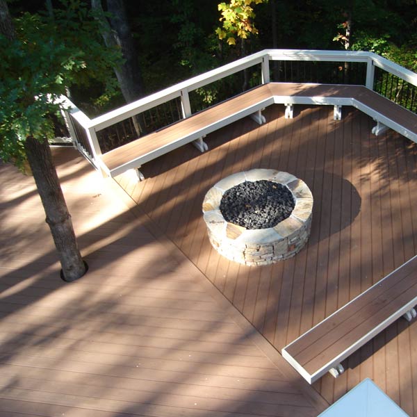 Timber Tech Composite Deck With Curved Bench And Fire Pit In